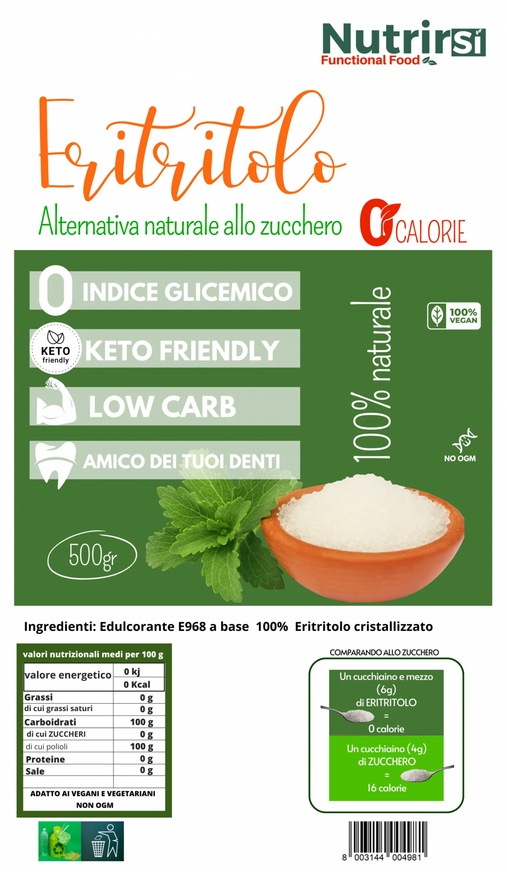 Dolcificante Naturale ERITRITOLO kg. 1 Nutrirsi dolcezza senza calorie