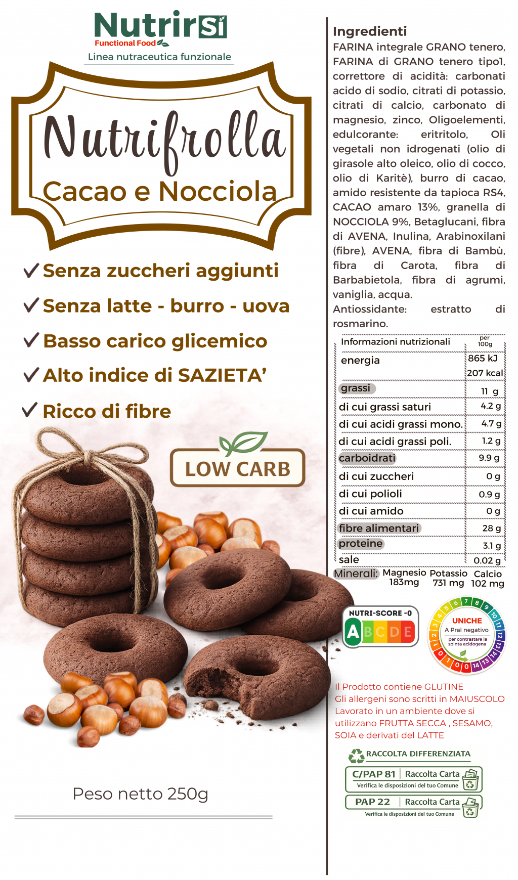 NutriFrolla - Biscotti Nutraceutici con Cacao amaro e granella di Nocciole a Basso Carico Glicemico