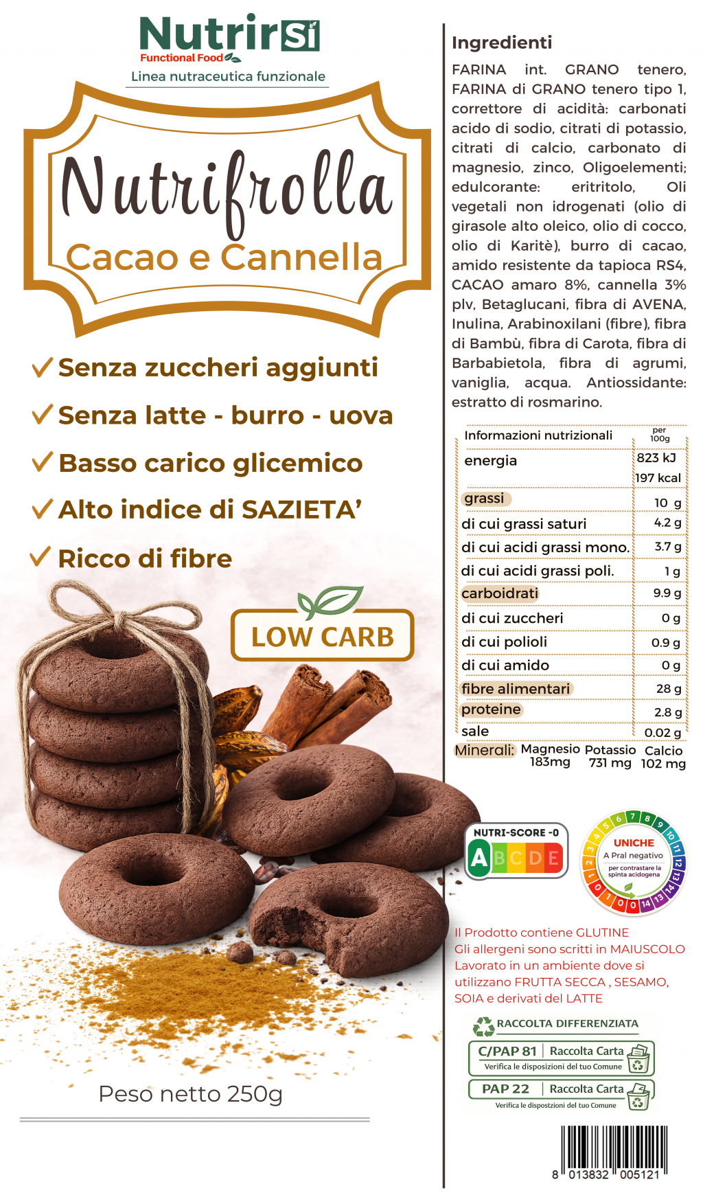 Nutrifrolla - Biscotti al Cacao Amaro e Cannella a Basso carico Glicemico