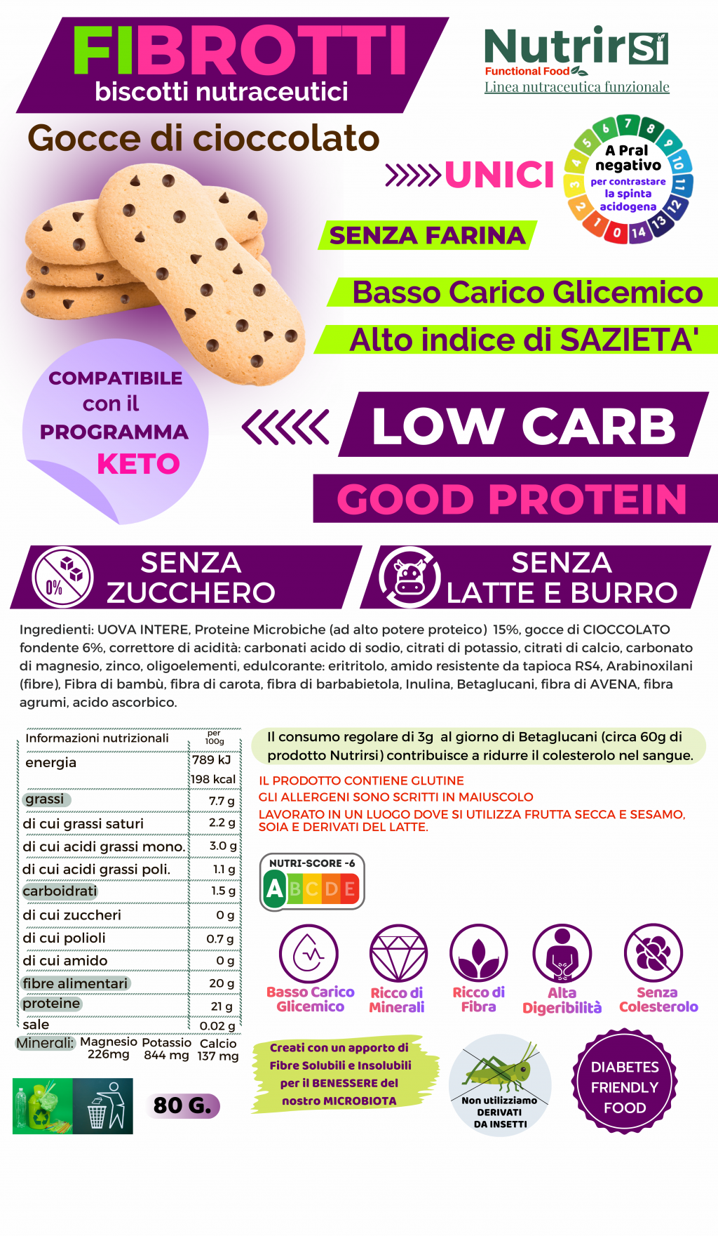 Fibrotti - Biscotti Proteici senza farina, con Gocce di cioccolato Fondente, a Basso Carico Glicemico