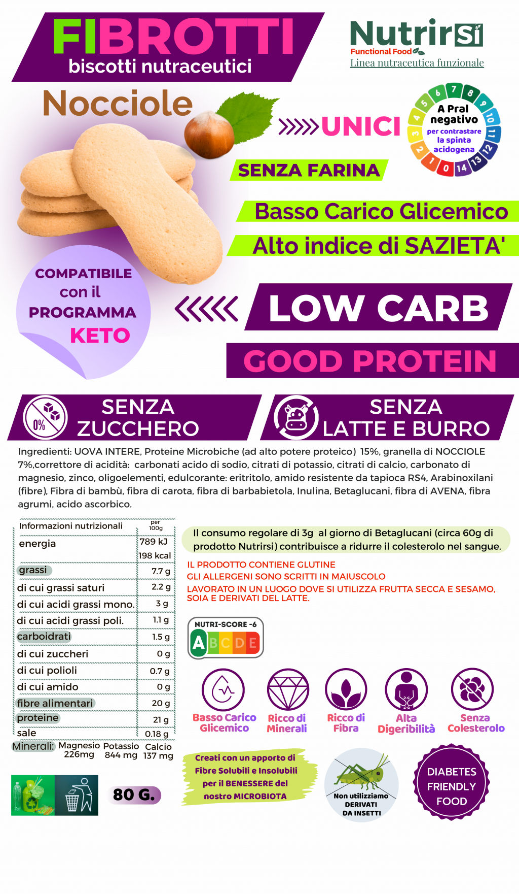 Fibrotti - Biscotti Proteici senza farina, con Granella di Nocciole, a Basso Carico Glicemico