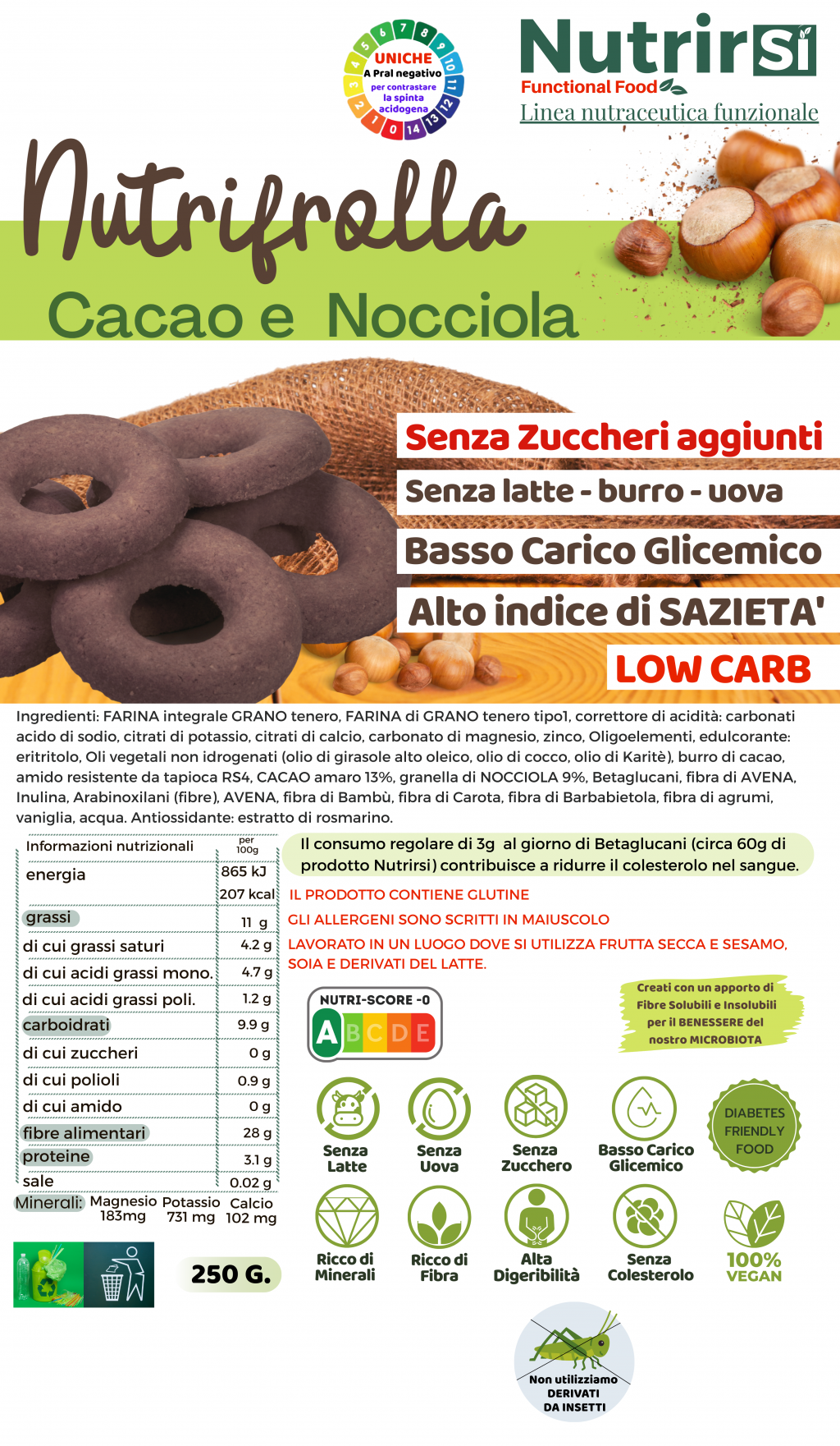 NutriFrolla - Biscotti Nutraceutici con Cacao amaro e granella di Nocciole a Basso Carico Glicemico