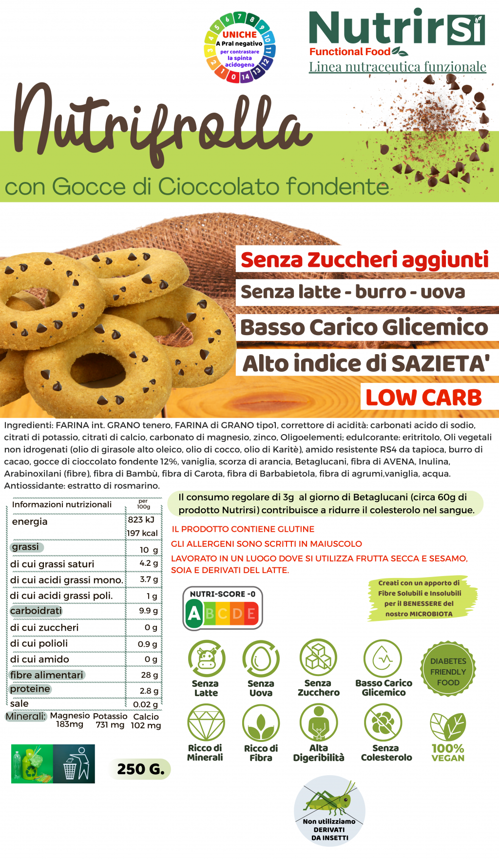Nutrifrolla - Biscotti Nutraceutici con gocce di Cioccolato fondente a Basso Carico Glicemico