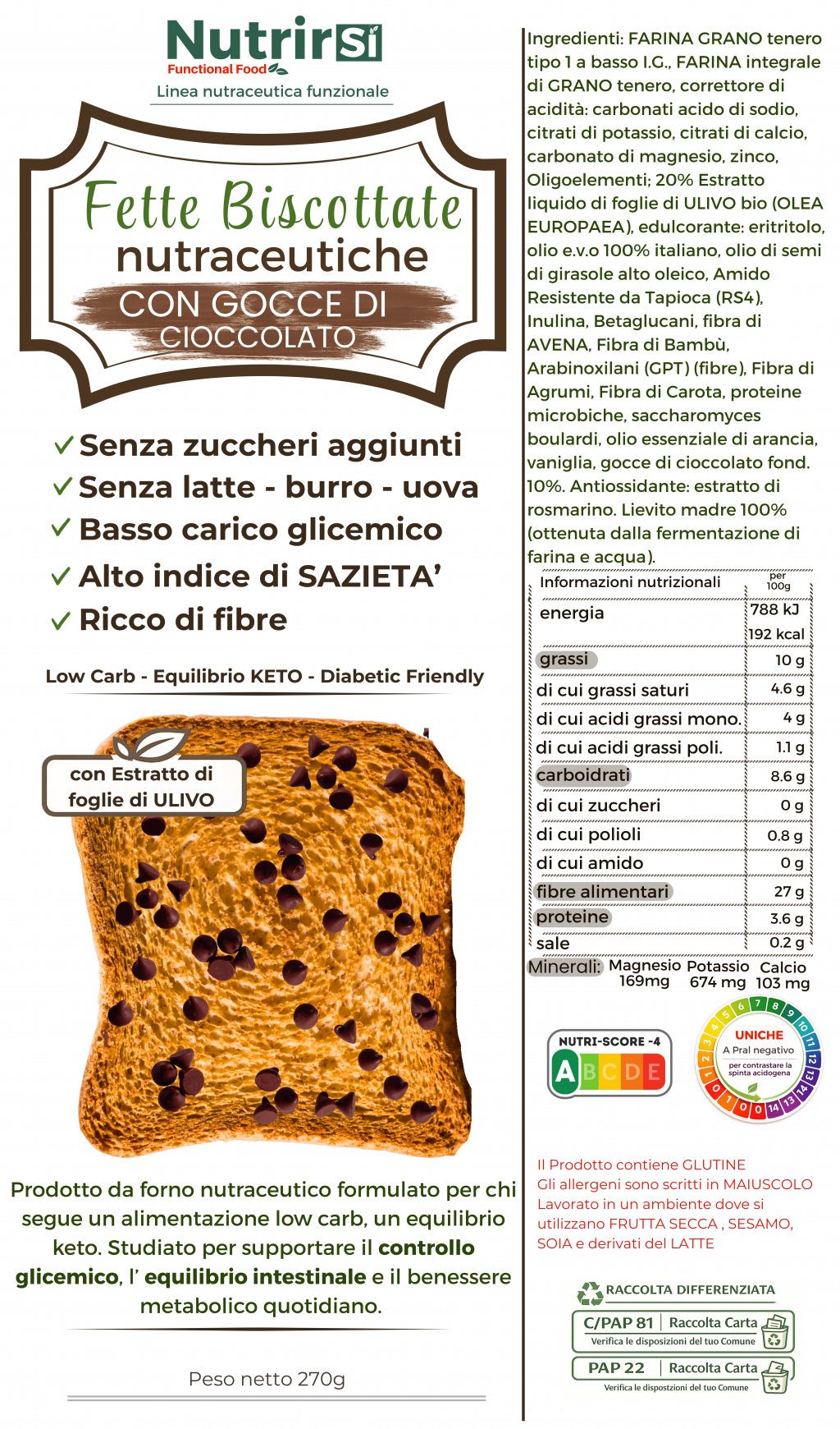 Fette Biscottate con gocce di cioccolato Low Carb a basso carico glicemico