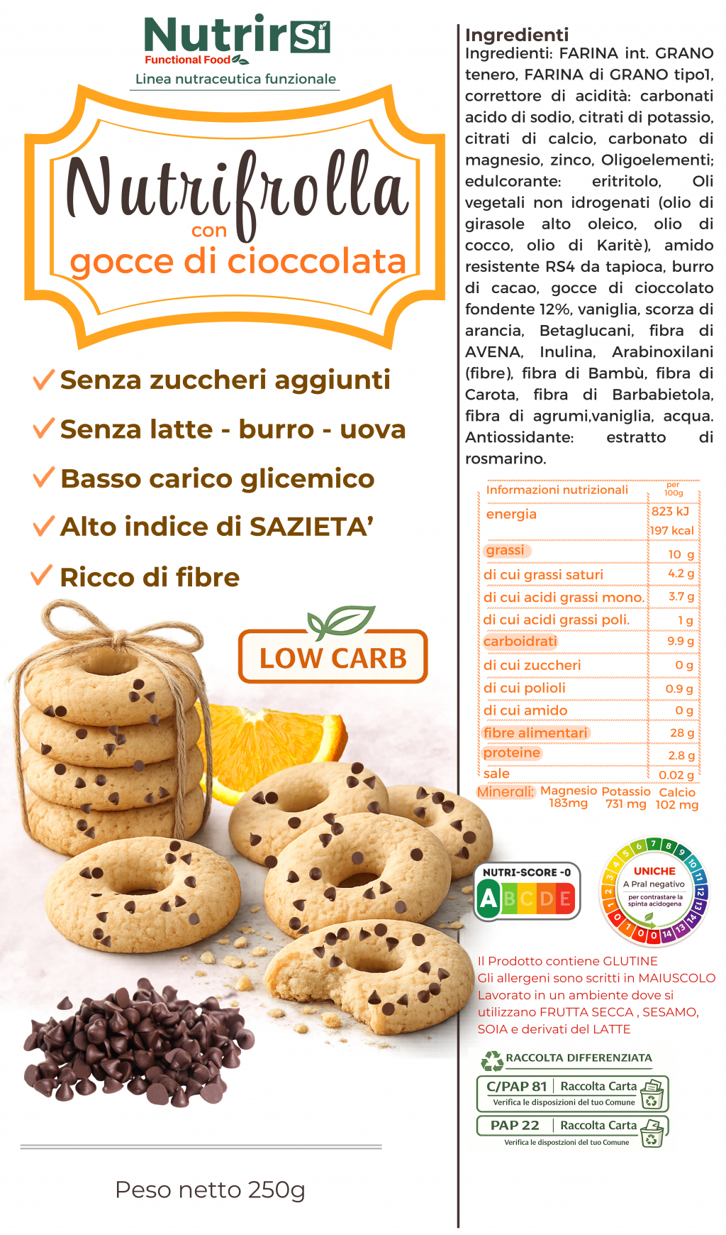 Nutrifrolla - Biscotti Nutraceutici con gocce di Cioccolato fondente a Basso Carico Glicemico